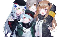 Rule 34 | 404 (girls&#039; frontline), 4girls, :3, :d, :o, annoyed, arm up, armband, black bow, black gloves, black headwear, black scarf, blue hair, blunt bangs, bow, brown hair, cheek poking, closed mouth, cross hair ornament, fingerless gloves, g11 (girls&#039; frontline), girls&#039; frontline, gloves, green eyes, grey hair, hair bow, hair ornament, hairclip, hand on another&#039;s shoulder, hat, highres, hk416 (girls&#039; frontline), jacket, long hair, looking at another, looking away, midriff peek, mochacot, multiple girls, one eye closed, one side up, open clothes, open jacket, open mouth, partially unbuttoned, poking, red eyes, scar, scar across eye, scar on face, scarf, shirt, simple background, smile, twitter username, ump45 (girls&#039; frontline), ump9 (girls&#039; frontline), upper body, white background, white gloves, white shirt, yellow eyes
