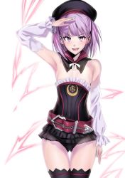 Rule 34 | &gt;:d, 1girl, :d, armpits, bad id, bad twitter id, bare shoulders, belt, black thighhighs, cowboy shot, detached collar, detached sleeves, fate/grand order, fate (series), flat chest, gluteal fold, hat, helena blavatsky (fate), looking at viewer, microskirt, open mouth, purple eyes, purple hair, salute, short hair, simple background, skirt, smile, solo, thigh gap, thighhighs, sefirot, ulrich (tagaragakuin), v-shaped eyebrows, white background