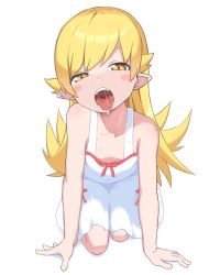 Rule 34 | 1girl, bakemonogatari, blonde hair, blush stickers, breasts, bubukka, cleavage, collarbone, dress, female focus, full body, long hair, looking at viewer, monogatari (series), open mouth, oshino shinobu, pointy ears, saliva, simple background, small breasts, solo, teeth, tongue, tongue out, uvula, white background, white dress, yellow eyes