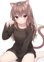 Rule 34 | 1girl, animal ears, anz32, bare legs, barefoot, between legs, brown hair, cat ears, cat girl, cat tail, hand between legs, long hair, long sleeves, looking at viewer, naked sweater, nina (anz32), open mouth, original, paw pose, red eyes, sitting, sweater, tail, wariza