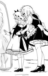 Rule 34 | 2girls, age difference, apron, artist request, demon wings, dressing another, from behind, greyscale, hat, height difference, high heels, izayoi sakuya, maid, maid apron, maid headdress, mirror, mob cap, monochrome, multiple girls, remilia scarlet, shoes, socks, thighhighs, touhou, wings