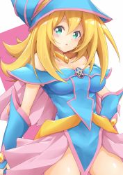 Rule 34 | 1girl, :o, bare legs, bare shoulders, blonde hair, blue dress, blue gloves, blue hat, blush stickers, breasts, cleavage, dark magician girl, dress, female focus, fingerless gloves, gloves, green eyes, hair between eyes, hand on own hip, hat, highres, jampen, jewelry, large breasts, legs, long hair, looking at viewer, necklace, off-shoulder dress, off shoulder, open mouth, short dress, solo, topaz (gemstone), wizard hat, yu-gi-oh!, yu-gi-oh! duel monsters