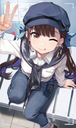 Rule 34 | 1girl, ;), absurdres, bench, black hat, black sailor collar, blue bow, blue pants, bow, brown eyes, brown hair, cabbie hat, casual, closed mouth, collared shirt, denim, fingernails, from above, hair bow, hat, heart, highres, honkai (series), honkai impact 3rd, li sushang, licking lips, long hair, long sleeves, looking at viewer, looking up, on bench, one eye closed, pants, park bench, sailor collar, shirt, sitting, smile, solo, tongue, tongue out, unnyori, v, very long hair, viewfinder, wariza, white shirt