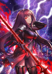 Rule 34 | 1girl, armor, between breasts, bodysuit, breasts, covered navel, cowboy shot, electricity, fate/grand order, fate (series), gae bolg (fate), hair intakes, holding, holding weapon, large breasts, long hair, looking at viewer, pauldrons, polearm, purple background, purple bodysuit, purple hair, red eyes, scathach (fate), shards, shiny clothes, shoulder armor, skindentation, solo, spear, suishougensou, very long hair, weapon