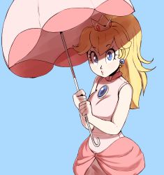Rule 34 | 1girl, bad id, bare arms, bare shoulders, blonde hair, blue background, blue eyes, breasts, brooch, closed mouth, colorized, crown, cutegraphite, dress, earrings, eyelashes, hands up, holding, holding umbrella, jewelry, lips, looking at viewer, mario (series), medium breasts, mini crown, nintendo, parasol, pink lips, pink umbrella, ponytail, princess peach, shade, simple background, sleeveless, sleeveless dress, solo, super mario sunshine, teeth, umbrella