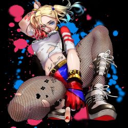 Rule 34 | 1girl, absurdres, adkr57, bad id, bad pixiv id, batman (series), belt, blonde hair, blue eyes, body writing, boots, bracelet, breasts, choker, colored tips, dc comics, dolphin, female focus, fingerless gloves, fishnet pantyhose, fishnets, full body, gloves, grin, harley quinn, high heel boots, high heels, highres, jacket, jewelry, lipstick, makeup, midriff, multicolored hair, nail polish, navel, pantyhose, pointing, pubic tattoo, red nails, shoes, smile, sneakers, solo, stomach tattoo, suicide squad, tattoo, torn clothes, torn pantyhose, twintails, weapon