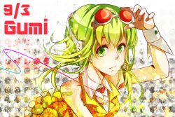 Rule 34 | 1girl, bad id, bad pixiv id, character name, female focus, goggles, goggles on head, gradient background, green eyes, green hair, gumi, headphones, headset, highres, matching hair/eyes, nou (nounknown), short hair, solo, vocaloid, white background, wrist cuffs