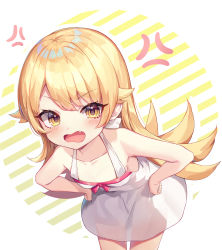 Rule 34 | 1girl, absurdres, angry, bakemonogatari, bare arms, bare shoulders, blonde hair, dress, fang, flat chest, hands on own hips, highres, leaning forward, looking at viewer, monogatari (series), nam (nam990902), open mouth, oshino shinobu, smile, solo, white dress, yellow eyes