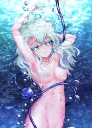 Rule 34 | 1girl, armpits, breasts, bubble, green eyes, green hair, highres, komeiji koishi, medium breasts, nipples, nomayo, nude, out-of-frame censoring, smile, solo, touhou, underwater