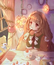 Rule 34 | 1girl, blunt bangs, blush, brown eyes, brown hair, brown ribbon, cake, cake slice, clothing cutout, commentary, cup, curtains, drink, eating, empty picture frame, feerie, flower, food, fork, green shirt, highres, holding, holding food, holding fork, indoors, jug (bottle), lamp, long hair, long sleeves, looking outside, looking to the side, neck ribbon, night, open window, original, picture frame, pink flower, pink shirt, plate, ribbon, saucer, shirt, solo, stuffed animal, stuffed toy, table, tablecloth, tea, teacup, teddy bear, two-tone shirt, upper body, vest, wavy hair, wavy mouth, white ribbon, window