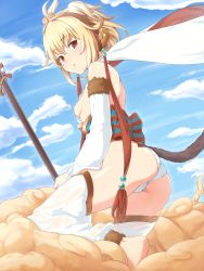 Rule 34 | 10s, 1girl, andira (granblue fantasy), animal ears, ass, bare shoulders, barefoot, blonde hair, blush, breasts, brown eyes, cloud, commentary request, day, detached pants, detached sleeves, erune, flying nimbus, from behind, granblue fantasy, hair ornament, hairband, highres, kneeling, looking at viewer, looking back, monkey ears, monkey girl, monkey tail, nipple slip, nipples, odaodaoaoda, open mouth, panties, red eyes, short hair, sideboob, small breasts, solo, staff, tail, underwear, white panties