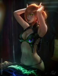 Rule 34 | 1girl, armor, arms up, bikini armor, blood elf (warcraft), blurry, breasts, brown hair, cleavage, earrings, highres, jewelry, navel, pointy ears, raikoart, reflection, short hair, solo, warcraft, world of warcraft, yellow eyes