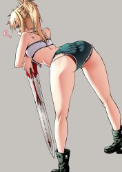 Rule 34 | 1girl, ?, absurdres, ass, bandeau, bare shoulders, bent over, blonde hair, boots, braid, clarent (fate), cutoffs, f.w.zholic, fate (series), french braid, from behind, green eyes, grey background, highres, looking at viewer, micro shorts, mordred (fate), mordred (fate/apocrypha), mordred (memories at trifas) (fate), panties, ponytail, red panties, short shorts, shorts, simple background, solo, standing, sword, thighs, underwear, weapon