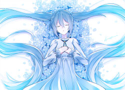 Rule 34 | 1girl, blue hair, closed eyes, dress, flower, frilled sleeves, frills, hands on own chest, hatsune miku, high collar, kino (mizu-asagi), long hair, long sleeves, lying, nail polish, neck ribbon, on back, own hands together, parted lips, petals, ribbon, solo, twintails, very long hair, vocaloid