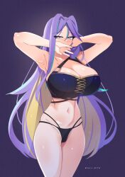 1girl alternate_costume arms_up artist_name bare_arms bare_shoulders bikini blonde_hair breasts cleavage colored_inner_hair covered_mouth covering_own_mouth groin hair_between_eyes hand_in_own_hair highres hololive hololive_indonesia large_breasts long_hair looking_at_viewer moona_hoshinova multi-strapped_bikini_bottom multicolored_hair myumi navel purple_background purple_eyes purple_hair simple_background single-shoulder_bikini solo standing starry_hair stomach swimsuit twitter_username two-tone_hair very_long_hair virtual_youtuber wide_hips