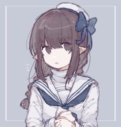 Rule 34 | 1girl, blue bow, blue neckerchief, bow, braid, brown eyes, brown hair, funamusea, hands up, hat, hat bow, long hair, long sleeves, looking at viewer, low twin braids, neckerchief, oounabara to wadanohara, open mouth, pointy ears, sailor collar, sailor hat, shirt, sidelocks, solo, twin braids, wadanohara, wenyu19 19, white hat, white sailor collar, white shirt