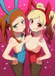 Rule 34 | 2girls, aikatsu! (series), aikatsu stars!, animal ears, asymmetrical docking, blonde hair, blue bow, blue bowtie, blue leotard, blush, bow, bowtie, breast press, breasts, brown hair, brown legwear, cleavage, closed mouth, detached collar, fake animal ears, fingernails, flat chest, from side, gradient hair, green eyes, hands on own hips, heart, highres, large breasts, leotard, looking at viewer, looking to the side, multicolored hair, multiple girls, nijino yume, osame, pantyhose, pink background, pink hair, playboy bunny, rabbit ears, red bow, red bowtie, red eyes, red leotard, smile, standing, sweat, twintails
