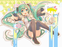 Rule 34 | 1girl, armpits, black footwear, black thighhighs, blush, boots, detached sleeves, full body, green eyes, green hair, hatsune miku, headset, highres, long hair, looking at viewer, matching hair/eyes, murakami yuichi, necktie, open mouth, outstretched arms, revision, skirt, smile, solo, thigh boots, thighhighs, twintails, very long hair, vocaloid