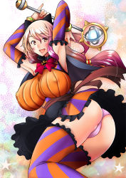 Rule 34 | 1girl, armpits, arms up, ass, black bow, black skirt, bow, bowtie, bracelet, breasts, commentary, detached collar, frilled skirt, frills, from side, hair bow, halloween, halloween costume, holding, holding weapon, huge breasts, impossible clothes, impossible shirt, jack-o&#039;-lantern ornament, jewelry, long hair, looking at viewer, looking back, low-tied long hair, mace, miniskirt, open mouth, orange shirt, original, panties, pink eyes, pink hair, purple panties, sakai hamachi, shirt, skirt, smile, solo, standing, star (symbol), starry background, thighhighs, underwear, weapon