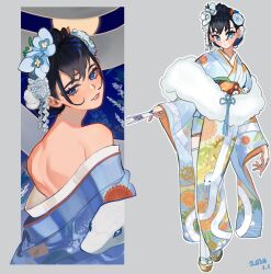 Rule 34 | 1girl, back, bare shoulders, blue eyes, blue flower, blue hair, blue kimono, blue nails, blush, eus ing, floral print, floral print kimono, flower, folding fan, full body, fur scarf, hair bun, hair flower, hair intakes, hair ornament, hand fan, highres, holding, holding fan, hololive, hololive english, japanese clothes, kanzashi, kimono, looking at viewer, looking back, nail polish, new year, obi, off shoulder, official alternate costume, ouro kronii, ouro kronii (new year), print kimono, sash, short hair, single hair bun, smile, snake print, thighhighs, virtual youtuber, white thighhighs, wide sleeves, yellow sash