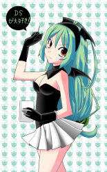 Rule 34 | 1girl, black gloves, cowboy shot, female focus, framboosi, gloves, green hair, handheld game console, headband, japanese text, long hair, looking at viewer, nintendo ds, original, pleated skirt, skirt, smile, solo, speech bubble, standing, tanimori, thighs, wings, yellow eyes