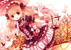 Rule 34 | 1girl, :d, bird, black thighhighs, blonde hair, cake, candy, dress, female focus, food, frilled dress, frills, hair ornament, hairband, hairclip, holding, lolita fashion, lolita hairband, lollipop, long hair, looking at viewer, moseley, open mouth, original, parasol, pigeon, smile, solo, thighhighs, umbrella, yellow eyes, zettai ryouiki