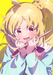 Rule 34 | 1girl, absurdres, ahoge, blonde hair, blue hoodie, bocchi the rock!, bow, bowtie, collared shirt, drumsticks, hands on own face, hands up, highres, holding, holding drumsticks, hood, hood down, hoodie, ijichi nijika, long hair, long sleeves, looking at viewer, open mouth, paru rari, red bow, red bowtie, red eyes, shirt, side ponytail, sidelocks, simple background, smile, solo, tareme, upper body, very long hair, white shirt, yellow background