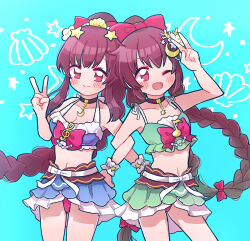 Rule 34 | 2girls, ;d, amane tsukasa, amane tsukasa (swimsuit ver.), amane tsukuyo, amane tsukuyo (swimsuit ver.), bikini, bikini skirt, blue background, blue bikini, blush, bow, braid, braided ponytail, brown choker, brown hair, choker, closed mouth, coral hair ornament, cowboy shot, crescent, crescent hair ornament, eighth note, flower, frilled bikini, frilled cuffs, frills, green bikini, hair bow, hair flower, hair ornament, halterneck, hand on another&#039;s hip, hand up, high braid, highres, locked arms, long hair, magia record: mahou shoujo madoka magica gaiden, mahou shoujo madoka magica, matching outfits, multiple girls, musical note, no nose, official alternate costume, one eye closed, open mouth, pendant choker, plumeria, red bow, red eyes, ribbon, shell, shell hair ornament, siblings, sidelocks, simple background, single braid, single wrist cuff, sisters, smile, spaghetti strap, split mouth, star (symbol), star hair ornament, starfish hair ornament, swimsuit, takenoko mgrc, treble clef, twin braids, twins, v, very long hair, white ribbon, wrist cuffs, yellow flower