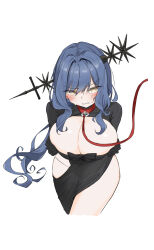Rule 34 | 1girl, arcana (reverse:1999), blue hair, blush, breasts, clenched teeth, collar, highres, justina (sduy5347), large breasts, leash, long hair, looking at viewer, reverse:1999, shrug (clothing), simple background, solo, sweat, teeth, variant set, very long hair, wand in head, white background, yellow eyes