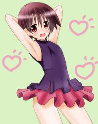 Rule 34 | 1girl, :d, ankoro (momomonsss), armpits, arms behind head, black shirt, blush, brown hair, commentary, cowboy shot, flat chest, frilled skirt, frills, from side, gluteal fold, green background, hair between eyes, heart, heart background, looking at viewer, looking to the side, mandarin collar, microskirt, miyanaga saki, notice lines, open mouth, red eyes, red skirt, saki (manga), shirt, short hair, skirt, sleeveless, sleeveless shirt, smile, solo, standing, very short hair