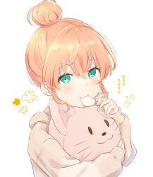 Rule 34 | 1girl, absurdres, aqua eyes, blush, brown jacket, crossed bangs, flower (symbol), food, food in mouth, hair bun, highres, hinoshita kaho, holding, holding food, hood, hood down, hooded jacket, hugging doll, hugging object, jacket, link! like! love live!, looking at viewer, love live!, mochi, mouth hold, orange hair, short hair, sidelocks, single hair bun, solo, stuffed animal, stuffed cat, stuffed toy, translation request, upper body, virtual youtuber, yutuki ame