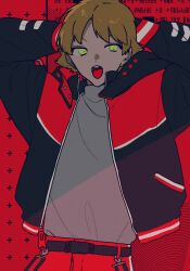 Rule 34 | 1boy, 2 0 hatsu, arms behind head, arms up, belt, black jacket, blonde hair, green eyes, grey shirt, highres, jacket, long sleeves, looking at viewer, male focus, minamisawa kai, open clothes, open jacket, open mouth, red background, shirt, short hair, solo, tongue, tongue out, upper body, world trigger