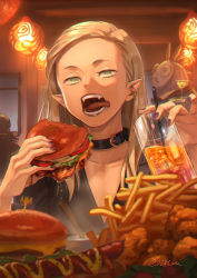 Rule 34 | 1girl, androgynous, blonde hair, burger, chicken nuggets, choker, earrings, fangs, fingernails, flat chest, food, french fries, highres, hot dog, jewelry, licking lips, looking at viewer, nail polish, original, otton, pointy ears, purple nails, restaurant, sharp fingernails, slit pupils, soda, tongue, tongue out, v-neck, vampire, yellow eyes