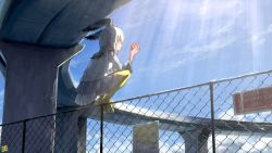 Rule 34 | 1girl, bird girl, bird tail, bird wings, blonde hair, blue neckerchief, chain-link fence, commentary request, common gull (kemono friends), fence, food, grey hair, grey sweater, head wings, imnim leef, japari bun, kemono friends, loafers, long hair, looking at viewer, multicolored hair, neckerchief, overpass, pleated skirt, sailor collar, shoes, sign, skirt, solo, squatting, sweater, tail, thighhighs, vest, white hair, white skirt, white vest, wings, yellow eyes, yellow footwear, yellow thighhighs, zettai ryouiki