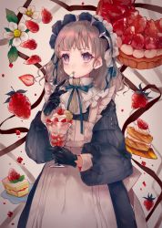 Rule 34 | 1girl, apron, black gloves, blue dress, brown eyes, brown hair, cake, cake slice, cha goma, commentary request, cup, dress, flower, food, fruit, fruit tart, gloves, highres, holding, holding cup, holding spoon, long hair, long sleeves, maid, original, parfait, puffy long sleeves, puffy sleeves, solo, spoon, strawberry, strawberry blossoms, strawberry shortcake, strawberry tart, tart (food), tongue, tongue out, white apron, white flower