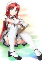 Rule 34 | 1girl, alternate costume, blue eyes, blush, breasts, clipboard, detached collar, elbow gloves, enmaided, frilled thighhighs, frills, gloves, highres, hong meiling, kezune (i- -i), knees together feet apart, large breasts, long hair, looking at viewer, maid, maid headdress, panties, pantyshot, pen, pigeon-toed, red hair, sitting, smile, solo, thighhighs, touhou, underwear, very long hair, white gloves, white panties, white thighhighs