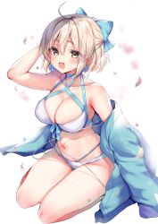 Rule 34 | 1girl, :d, ahoge, arm up, ayuma sayu, bare arms, bare legs, bare shoulders, bikini, blue bow, blue jacket, bow, breasts, brown hair, choker, cleavage, collarbone, commentary request, fate/grand order, fate (series), front-tie bikini top, front-tie top, hair bow, half updo, halterneck, highres, jacket, large breasts, long sleeves, looking at viewer, navel, off shoulder, okita j. souji (fate), okita j. souji (third ascension) (fate), okita souji (fate), okita souji (koha-ace), open mouth, petals, short hair, sidelocks, smile, solo, swimsuit, wet, white bikini, yellow eyes