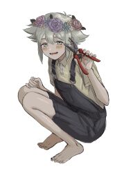 Rule 34 | 1boy, antenna hair, barefoot, basil (headspace) (omori), basil (omori), blue overalls, blush, bush, collared shirt, feet, gardening shears, green eyes, green hair, green shirt, hair between eyes, head wreath, highres, looking at viewer, lower teeth only, omori, open mouth, overall shorts, overalls, renshu usodayo, shears, shirt, short hair, short sleeves, simple background, smile, squatting, teeth, white background
