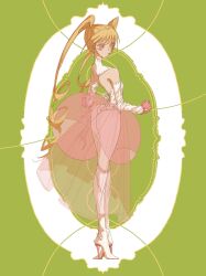 Rule 34 | 1girl, biscuit krueger, blonde hair, dress, drill hair, gloves, green background, high heels, highres, hunter x hunter, lilyahebexu, long hair, pink eyes, ponytail, see-through, see-through skirt, skirt, solo, standing, twintails, white gloves
