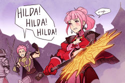 Rule 34 | 1girl, 2boys, ^ ^, armor, axe, battle, blush, breasts, brother and sister, cheering, cleavage, closed eyes, commentary, embarrassed, english commentary, closed eyes, fire emblem, fire emblem: three houses, fire emblem warriors, fire emblem warriors: three hopes, freikugel (weapon), gloves, hair bun, hilda valentine goneril, holding, holding axe, holding sword, holding weapon, holst goneril, lilac knight, matching hair/eyes, multiple boys, nintendo, pink eyes, pink hair, siblings, single hair bun, speech bubble, sword, watermark, weapon