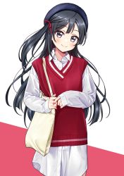 Rule 34 | 1girl, bag, beret, black eyes, black hair, blue hat, blush, collared shirt, deadnooodles, dress shirt, hair ribbon, hat, head tilt, highres, holding strap, long hair, long sleeves, love live!, love live! nijigasaki high school idol club, love live! school idol festival all stars, nail polish, one side up, oversized clothes, oversized shirt, red background, red nails, red ribbon, ribbon, shirt, shoulder bag, sleeves past wrists, smile, solo, sweater vest, two-tone background, white background, white shirt, yuki setsuna (love live!)