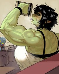 Rule 34 | ..., 1girl, 1other, alcohol, back, black hair, blonde hair, blush, breasts, choker, commentary, cup, dripping, ear blush, english commentary, facial scar, female orc, grey background, highres, holding, holding cup, huge breasts, krekkball, krekkov, mug, muscular, muscular female, orc, original, pointy ears, scar, scar on cheek, scar on face, scar on nose, short hair, simple background, sitting, tongue, tongue out, tusks, upper body, wristband