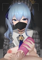 1boy 1girl artificial_vagina black_choker blue_eyes blue_hair blue_necktie breasts caressing_testicles chiyo_(pk19981234) choker clothes_lift handjob hetero highres hololive hoshimachi_suisei large_penis looking_at_viewer mask mouth_mask necktie nipples penis plaid_clothes recording sex_toy shirt_lift small_breasts solo_focus testicles viewfinder virtual_youtuber