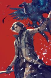 Rule 34 | 1boy, arm tattoo, bad id, bad twitter id, bare shoulders, beak, belt, belt buckle, bird, black belt, black coat, black eyes, black gloves, black hair, blue feathers, bracelet, buckle, cane, closed mouth, coat, devil may cry (series), devil may cry 5, feathers, fingerless gloves, gloves, glowing, hage2013, highres, holding, holding cane, jewelry, pocket, red background, simple background, standing, talons, tattoo, v (devil may cry), yellow eyes