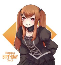 Rule 34 | 1girl, :3, alternate costume, arm at side, black bow, black dress, black skirt, bow, breasts, brown eyes, brown hair, cleavage, collarbone, detached collar, dress, frilled dress, frills, gift art, girls&#039; frontline, hair bow, hair ornament, hairclip, happy birthday, highres, jacket, jacy, long hair, looking at viewer, medium breasts, pleated skirt, puffy sleeves, red eyes, scar, scar across eye, scar on face, shirt, sidelocks, simple background, skirt, smile, solo, standing, twintails, ump9 (girls&#039; frontline), white background