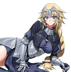 Rule 34 | 1girl, armor, blonde hair, blue eyes, blush, braid, breasts, closed mouth, fate/grand order, fate (series), gauntlets, headpiece, highres, jeanne d&#039;arc (fate), large breasts, long hair, looking at viewer, lying, on side, ryofu x, simple background, single braid, solo, very long hair, white background