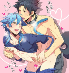 Rule 34 | 10s, 2boys, anal, angel, animal ears, bad id, bad pixiv id, black hair, blue hair, blush, cat tail, censored, clothes lift, clothes pull, dog boy, dog ears, dog tail, dramatical murder, drooling, fang, heart, male focus, male penetrated, multiple boys, pants, pants pull, penis, ren (dramatical murder), saliva, sei (hanibani), seragaki aoba, sex, shirt lift, sweat, tail, yaoi, yellow eyes