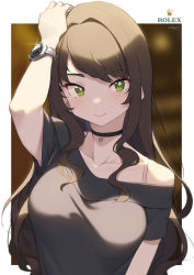 Rule 34 | 1girl, :&gt;, absurdres, arm up, border, breasts, bright pupils, brown hair, choker, cloba, closed mouth, collarbone, glint, green eyes, highres, large breasts, long hair, looking at viewer, off-shoulder shirt, off shoulder, original, outside border, shirt, sidelocks, solo, upper body, watch, white pupils, wristwatch