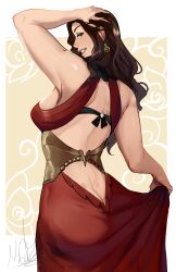 Rule 34 | 1girl, ass, bare shoulders, breasts, brown hair, butt crack, cleavage, dorothea arnault, dress, earrings, fire emblem, fire emblem: three houses, from behind, green eyes, highres, huge ass, jewelry, large breasts, long hair, looking back, nintendo, puzzled artist (name), sleeveless, teeth