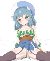 Rule 34 | 1girl, blue eyes, blue hair, blue panties, blush, breasts, censored, endro!, garter straps, heart, heart-shaped pupils, highres, medium breasts, meiza endust, mosaic censoring, nipples, panties, pussy, sincos, sitting, solo, symbol-shaped pupils, tentacles, thighhighs, underwear